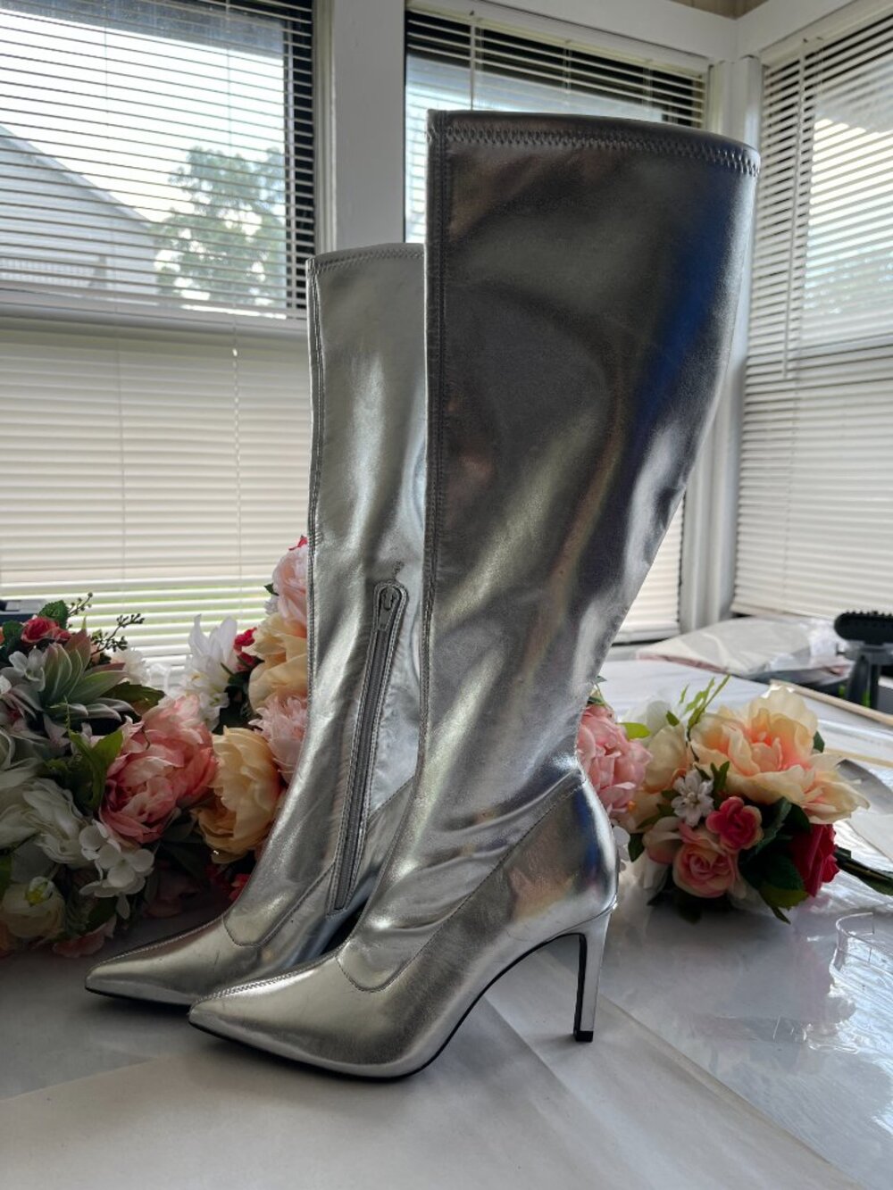 Open Edit Viv Metallic Silver Knee High Stiletto Boots Women’s US 6M Pointed Toe